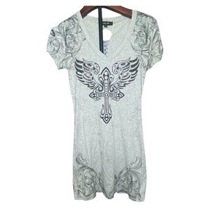 Laculture Angel Wing Cross Y2K Goth Grunge Short Sleeve VNeck Bodycon Mini Dress